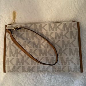 Michael Kors Signature Print in White and Luggage Brown Wristlet Clutch Wallet